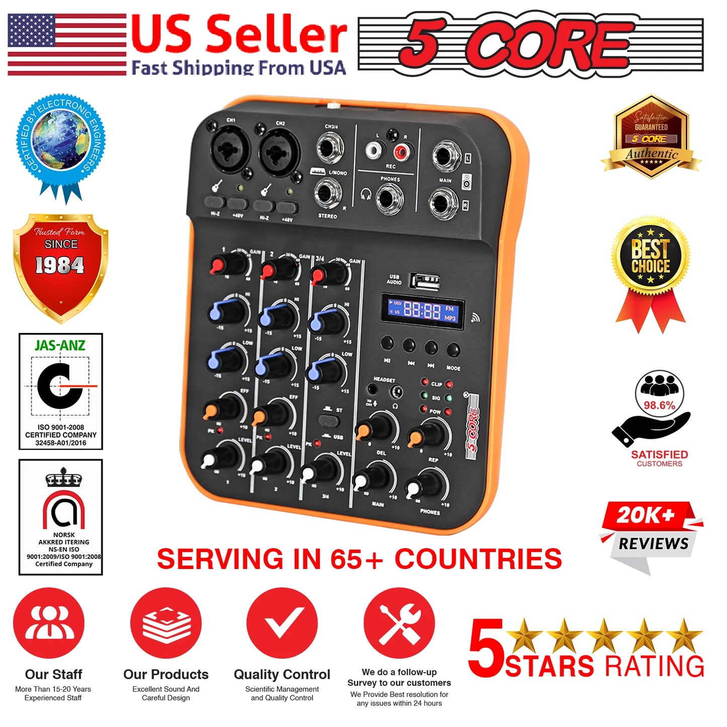 5 Core Audio Mixer 4 Channel DJ Equipment with Bluetooth USB Sound Board Console