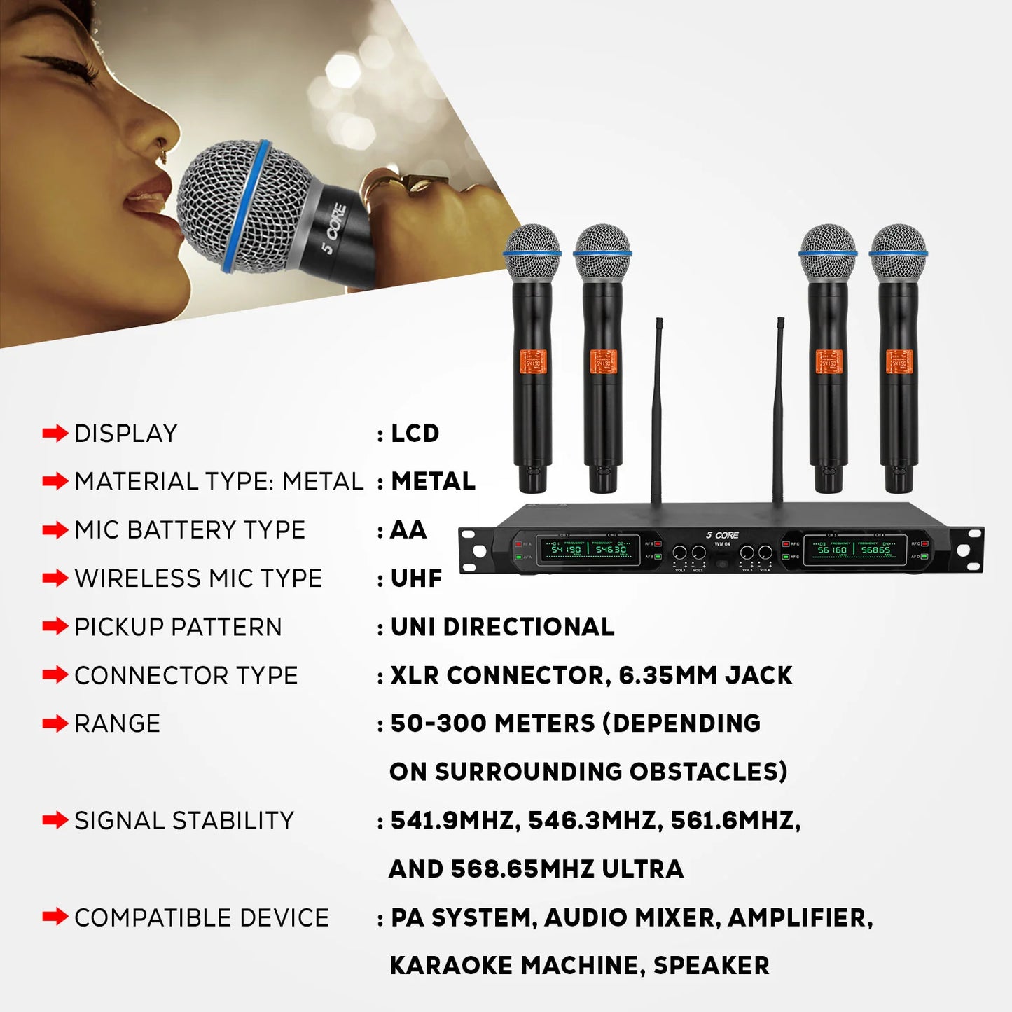 5 Core Wireless Microphone System 4 Channel UHF 492F Range Portable Receiver W Cordless Mic