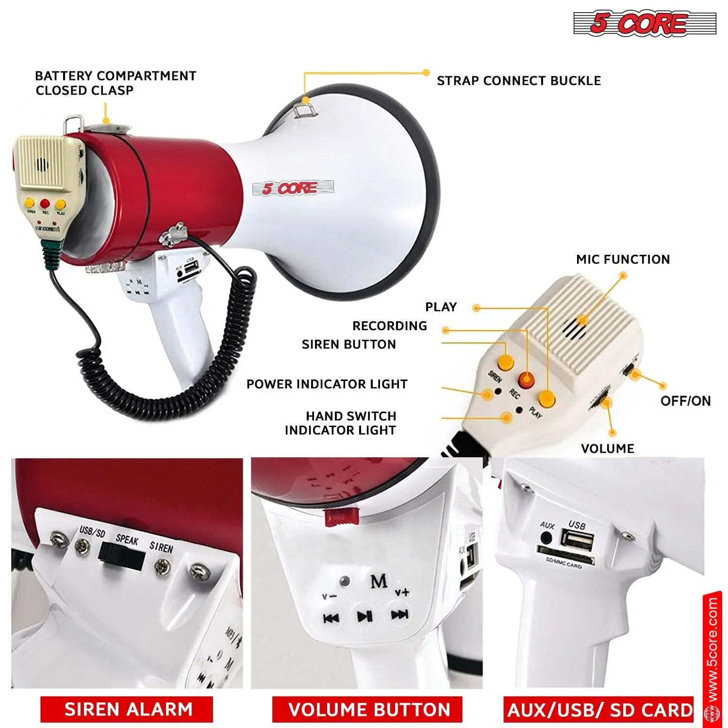 5Core Megaphone Bullhorn Speaker 50W Bull Horn Cheer Megafono 1200 Yards