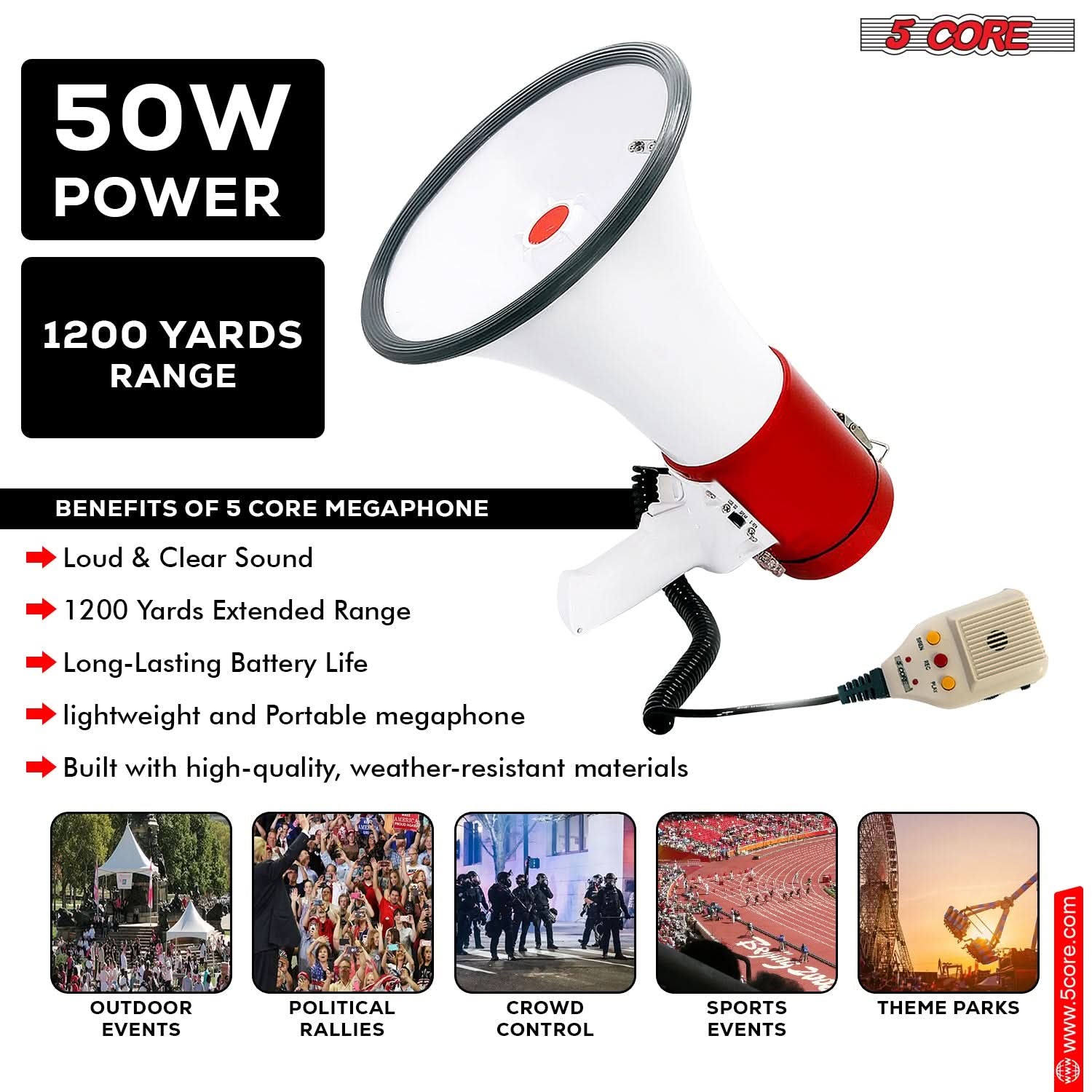 5Core Megaphone Bullhorn Speaker 50W Bull Horn Cheer Megafono 1200 Yards