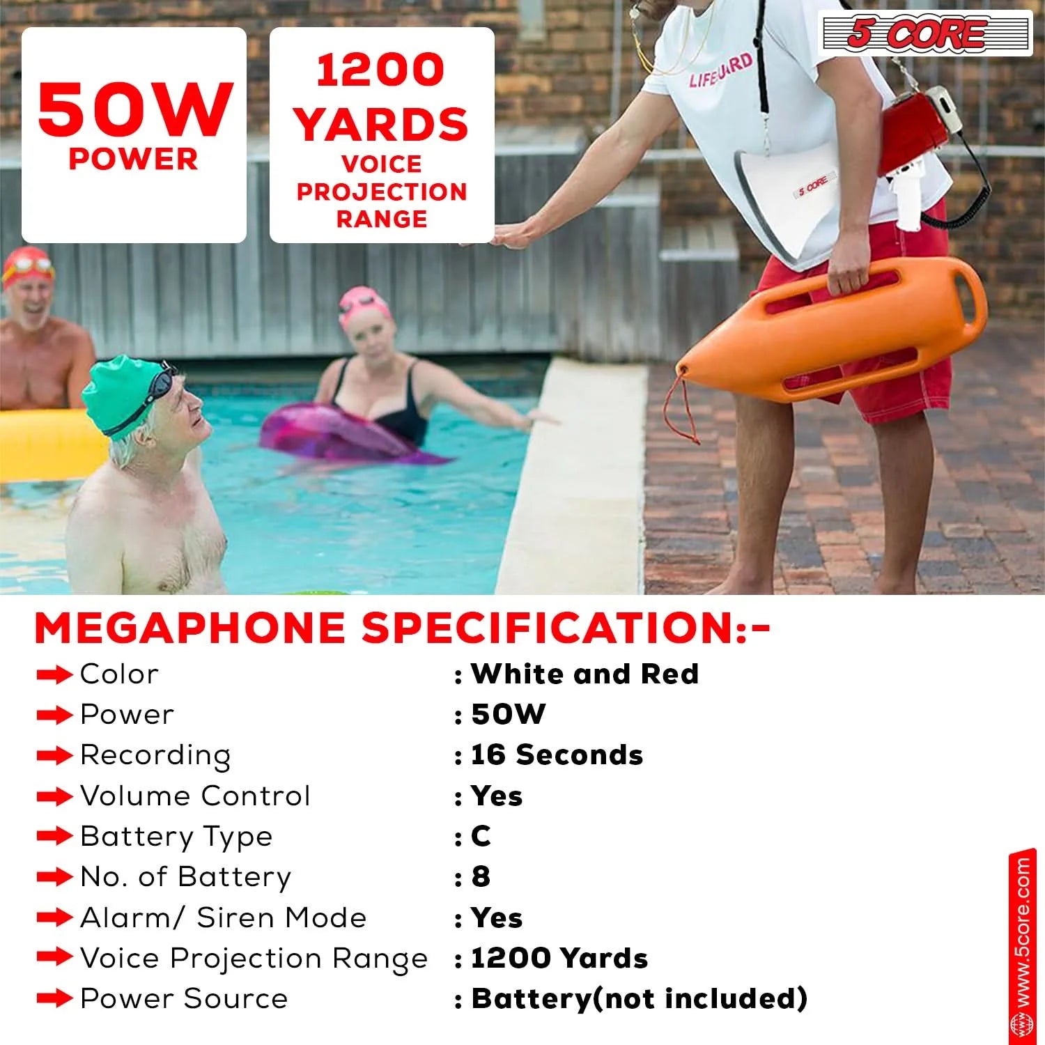 5Core Megaphone Bullhorn Speaker 50W Bull Horn Cheer Megafono 1200 Yards